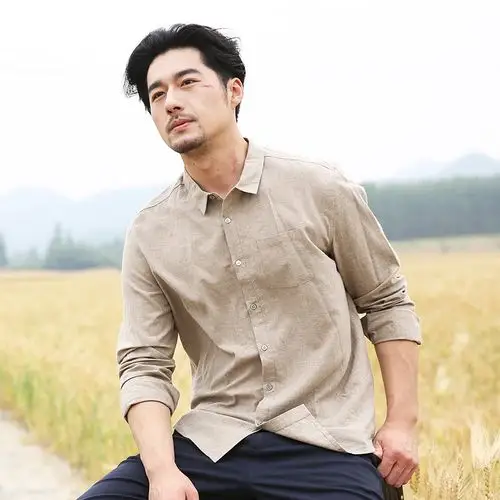 纸间新款亚麻长袖衬衫男纯色休闲衬衣青年复古时尚宽松款_4折现价159