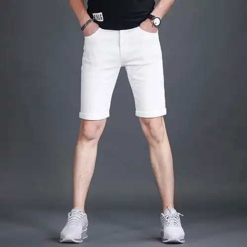 夏季白色短裤男牛仔裤五分裤男修身弹力百搭高端帅气男短裤刺绣