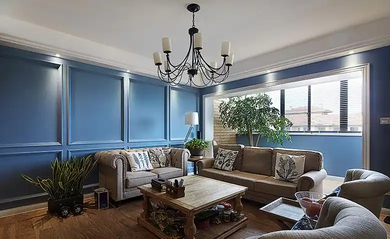 乡村风格客厅蓝色墙面装修设计图