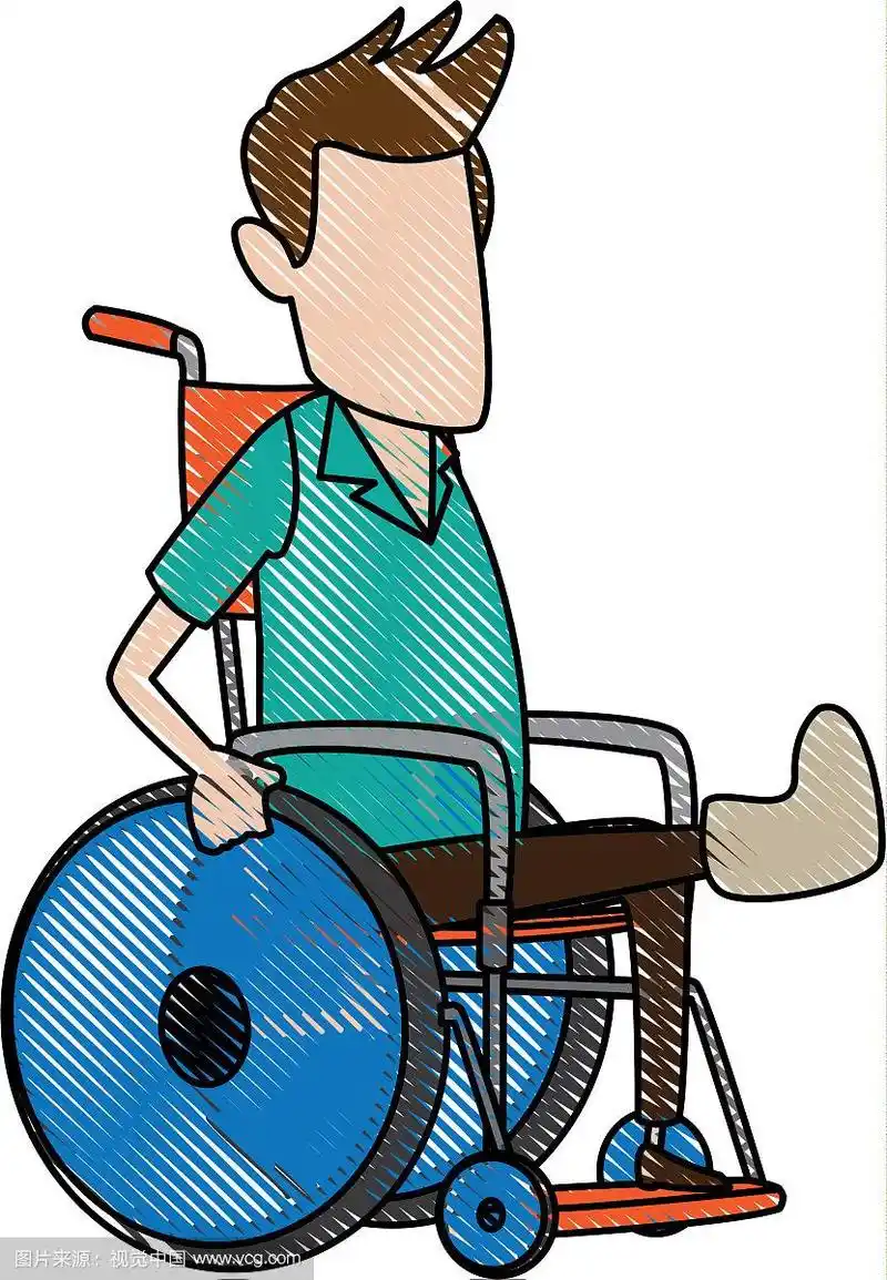 卡通人物坐在轮椅上,腿骨折