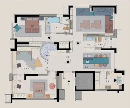 它采用直接粗暴的表现手段,能快速突出空间色彩主调及亮点,设计风格