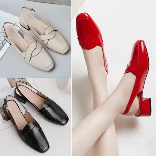 tiauny2020新款中跟包头一字扣凉鞋女夏季方头低跟红色漆皮粗跟后空单