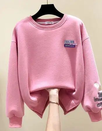 卫衣女装新款2021韩版宽松圆领开叉长袖上衣无帽外套 桃粉色 xl 宽松