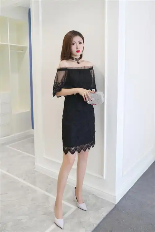 一字肩黑色短裙2017夏季新款女装韩版修身露肩水溶蕾丝连衣裙