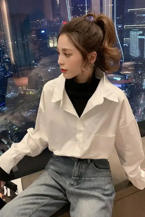 假两件半高领白色衬衫女休闲ol风衬衣新款设计感小众穿搭