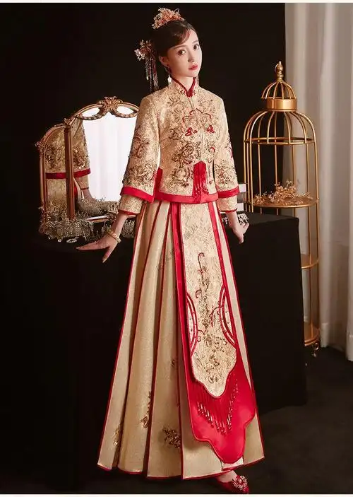 花岚娜高端香槟色秀禾服新娘年新款中式婚纱结婚礼服嫁衣女显瘦金色