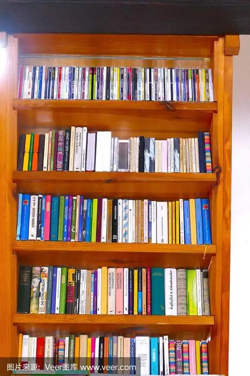 棕色的书架上摆满了书