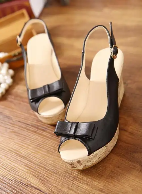 2019夏季新款坡跟高跟蝴蝶结凉鞋大码鞋40-42码小码鱼嘴鞋31-33码