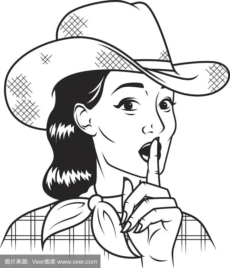 复古牛仔女制作"嘘"手势线艺术图标