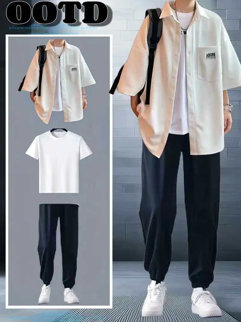 华夫格短袖衬衫男士夏季宽松休闲套装一套搭配帅气男装三件套潮流!