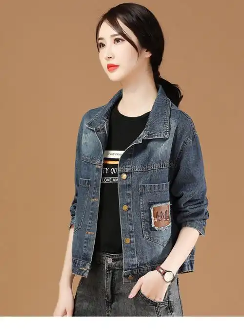 维迩旎 2021秋季女装牛仔短外套女复古港味宽松刺绣牛仔衣夹克 zxd