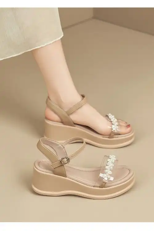 珍珠装饰一字带凉鞋女2024夏季新款凉鞋女夏配裙子轻便女凉鞋