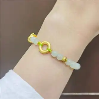 曼舒爱平安扣黄金手链 足金转运珠福牌猫眼和田玉手串送女友生日礼物