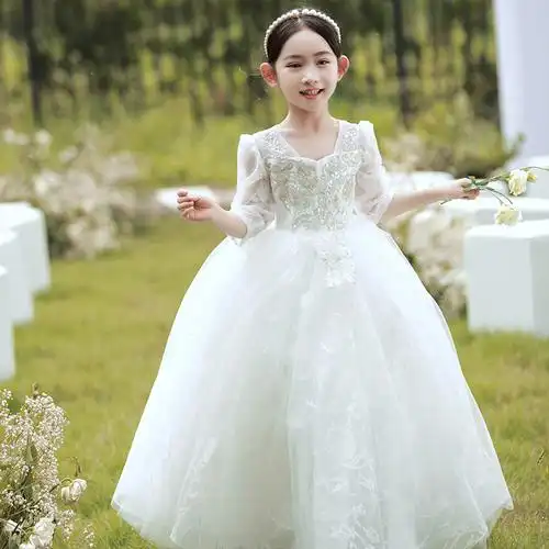 花童婚礼小女孩礼服春季新款女童生日蓬蓬纱公主裙儿童钢琴演出服