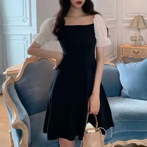 2021温柔仙女短袖字母显瘦连衣裙女韩版裙子女夏潮风气质修身新款