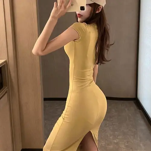 短袖性感度假长裙夏紧身莫代尔中长款连衣裙显瘦收腰修身开叉连衣裙