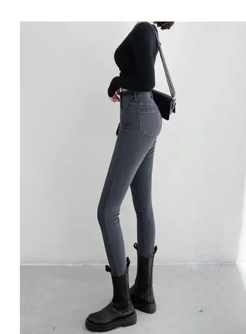 休闲裤女夏烟灰色牛仔裤女九分紧身小脚裤加绒2022夏新款显瘦高腰弹力