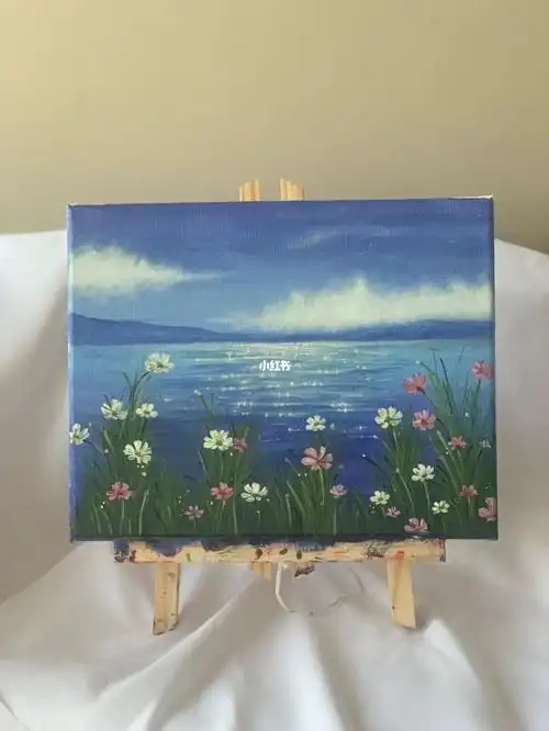 入门简单丙烯画湖前的格桑花727272