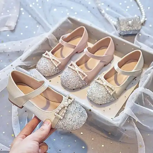 女童公主鞋2023新款春秋小香风闪亮高跟鞋儿童表演配礼服水钻单鞋