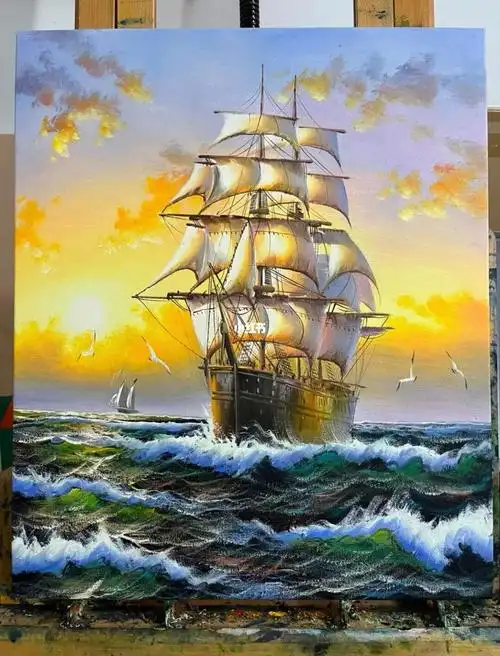 手绘帆船7715海浪风景油画.