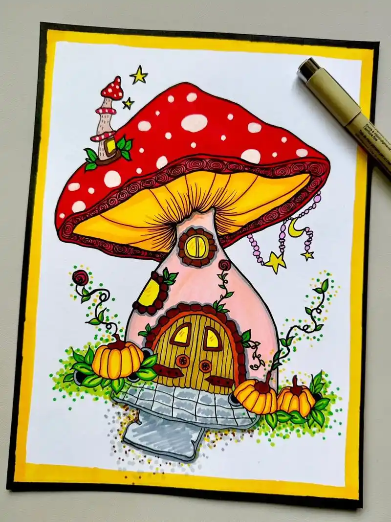 童话里的蘑菇房子创意儿童画.