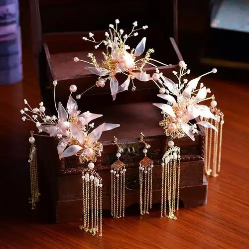 新娘中式手工串珠造液花粉色古装发饰古典秀禾汉服新娘头饰配饰发饰