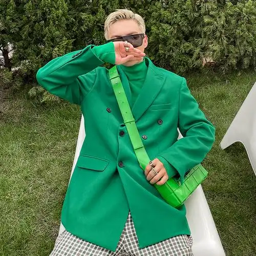 pop男装21秋冬韩国高级感bv绿宽松休闲西装男廓形双排扣外套上衣