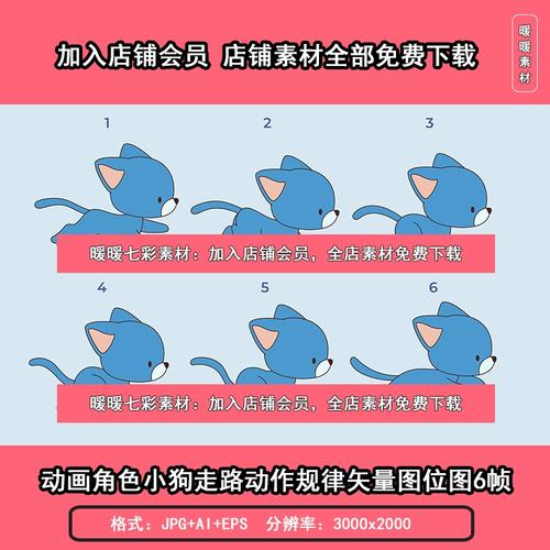 动画角色可爱小狗跑步动作运动规律矢量图位图6帧 逐帧参考素材