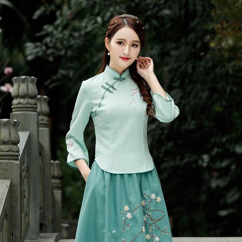 棉麻复古中式盘扣两件套旗袍上衣改良时尚民国风唐装女装茶人汉服