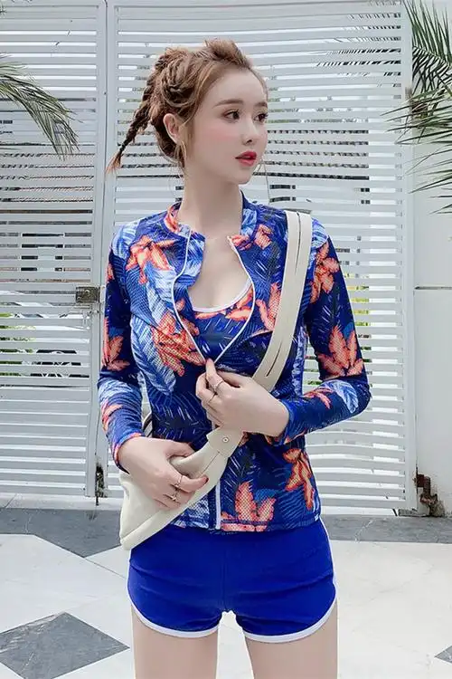 时尚运动风长袖罩衫学生泳衣女保守遮肚显瘦分体三件套温泉游泳衣