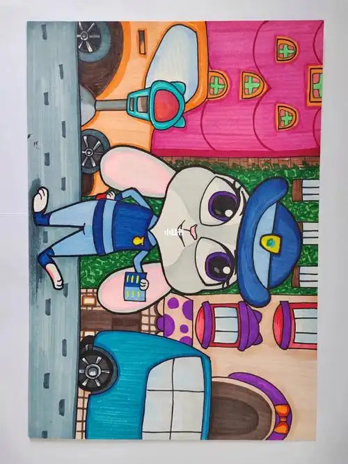 马克笔手绘儿童画简单创意美术课程疯狂动物城尼克朱迪兔朱迪警官
