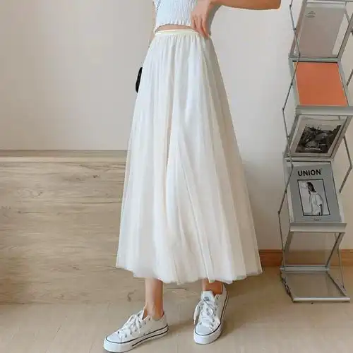 白色纱裙女半身夏季中长款2023新款小个子高腰仙女a字裙半身长裙