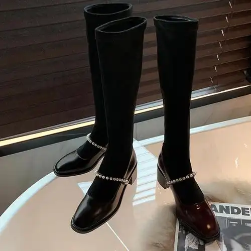 日韩风温柔珍珠女靴黑色显瘦长筒弹力靴女圆头粗跟不过膝长靴子