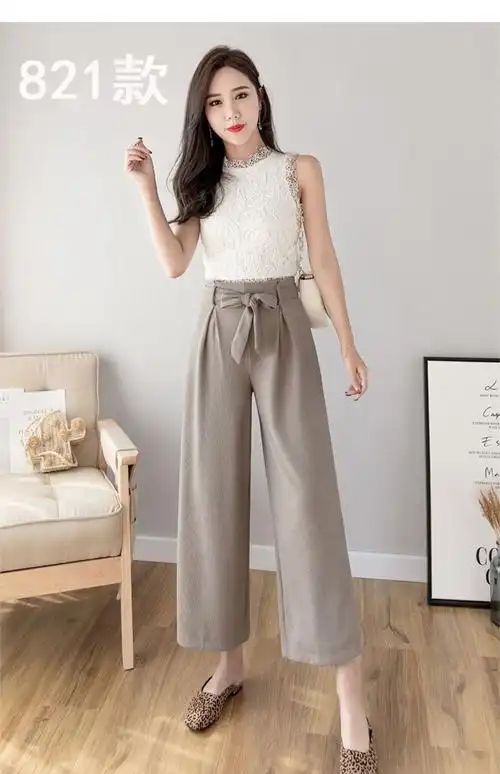 针织阔腿裤女夏春秋松紧腰宽松冰丝雪纺