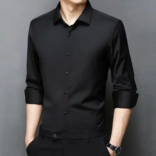 春秋季长袖白衬衫男士纯色商务休闲职业正装韩版衬衣黑工装寸打底