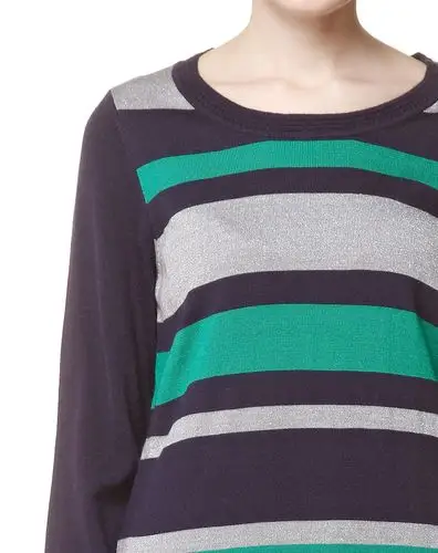 藏青/绿色圆领条纹长袖长款针织衫
