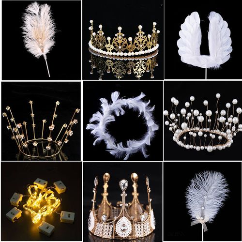 翅膀羽毛小流苏珍珠皇冠生日蛋糕装饰摆件鲜花网红金王冠灯串插件