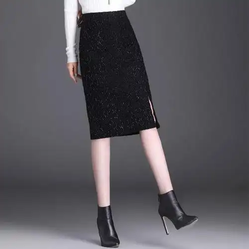 黑色小香风包臀半身裙女一步裙中长款2021秋冬新款高腰开叉直筒裙