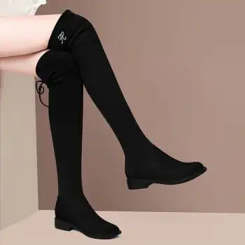 过膝靴女圆头粗跟女鞋长靴套筒系带色防水台女靴子 5344 黑色 37