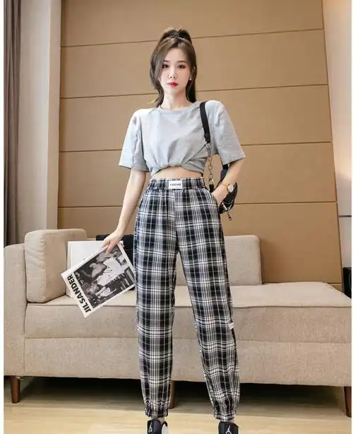 春秋新款格子裤子哈伦萝卜裤休闲裤子女裤子女宽松百搭潮流直筒裤黑