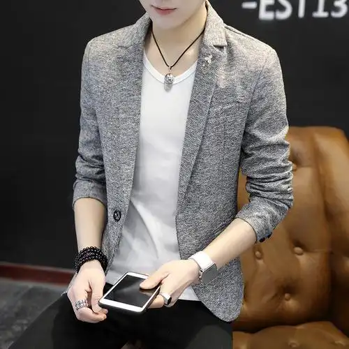 春季新款纯色男士休闲西装韩版修身款青年小西服潮帅气男装外套潮