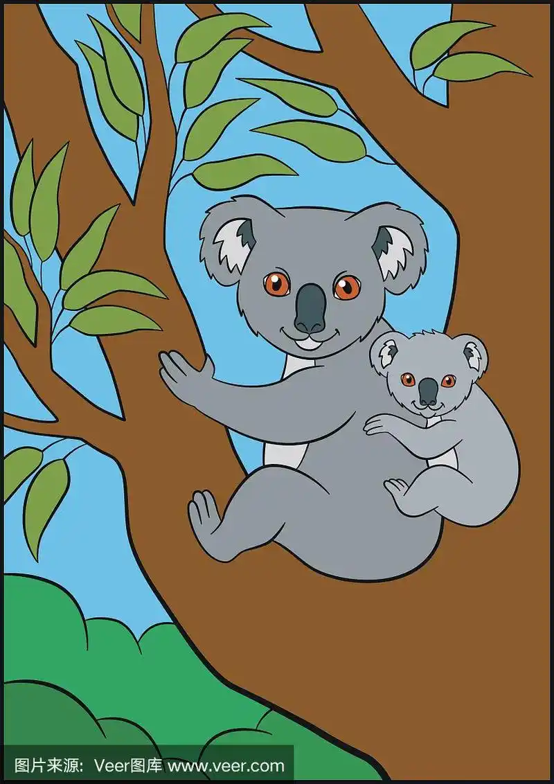 卡通动物.考拉妈妈和她可爱的小宝贝坐在树枝上微笑着.