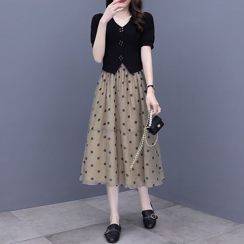 搭配半身裙的上衣洋气百搭款新款夏季连衣两件装裙子成套的女 波点