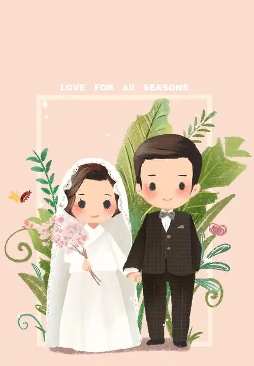 一组手绘婚纱照q版插画