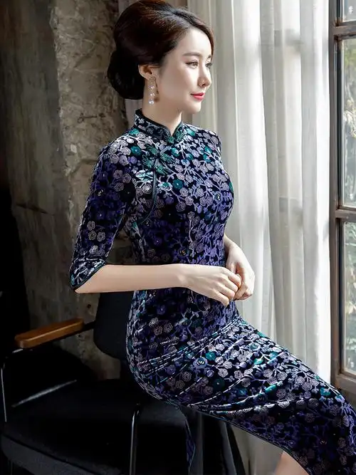 真丝旗袍桑蚕丝高端夏季长款中年妈妈装洋气七分袖高雅气质2021年