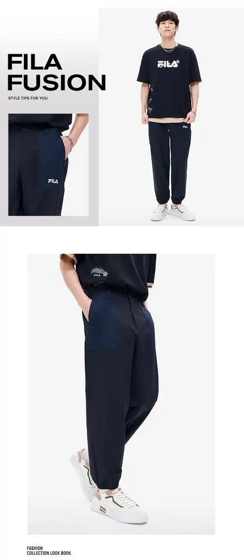 filafusion斐乐潮牌梭织长裤男子2022夏宽松潮流拼接工装裤深黑bk1