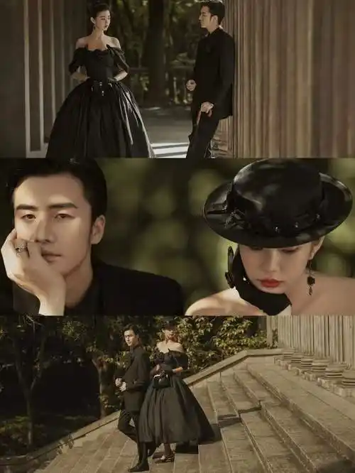 影楼拍摄情侣主题写真服装2021新款婚纱礼服黑色一字肩赫本晚礼服