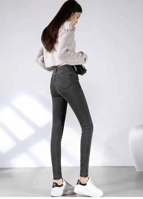 高腰紧身牛仔裤女冬女高腰小脚紧身200斤显瘦铅笔裤子潮灰色加绒九分