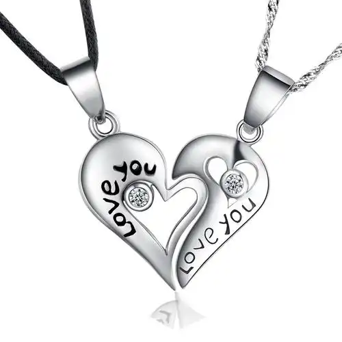 925纯银情侣吊坠 爱情拼图项链 男女磁心形项链 纯银饰品厂家批发