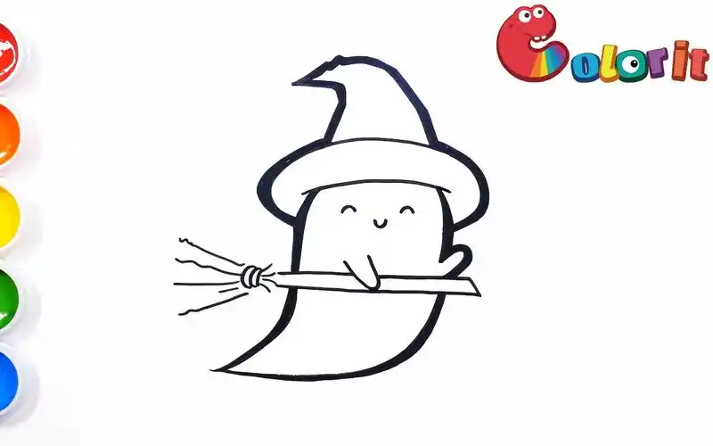 学画骑着扫把去化妆舞会的万圣节小幽灵!